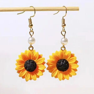 Sunflower With Faux Pearl Elegant Resin Dangle Earrings NEW